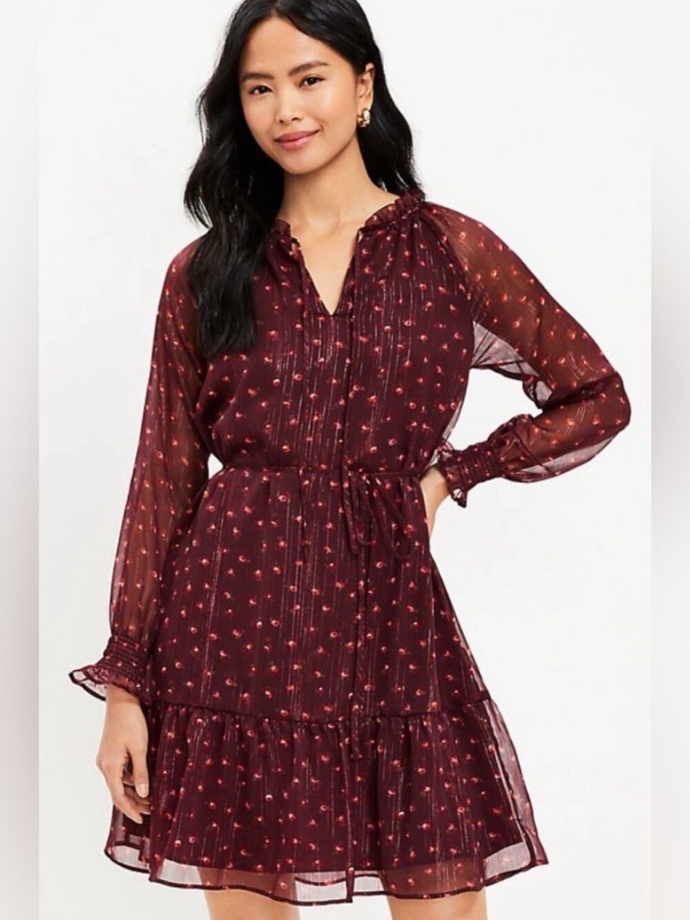 LOFT Metallic Floral Ruffle Neck Tiered Swing Dress Burgundy Petite XL NWT